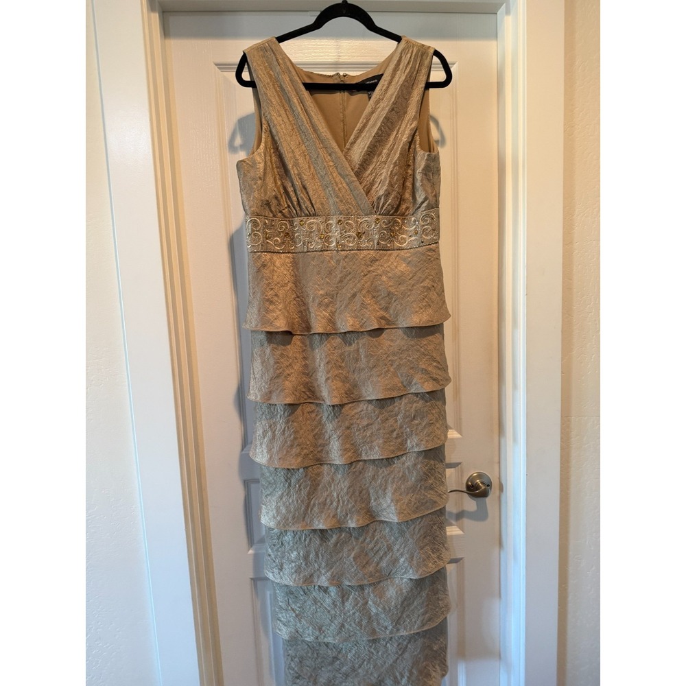 R&M Richards Mocha Gold Shimmer Beaded Jeweled Sleeveless Tiered Midi Dress 16